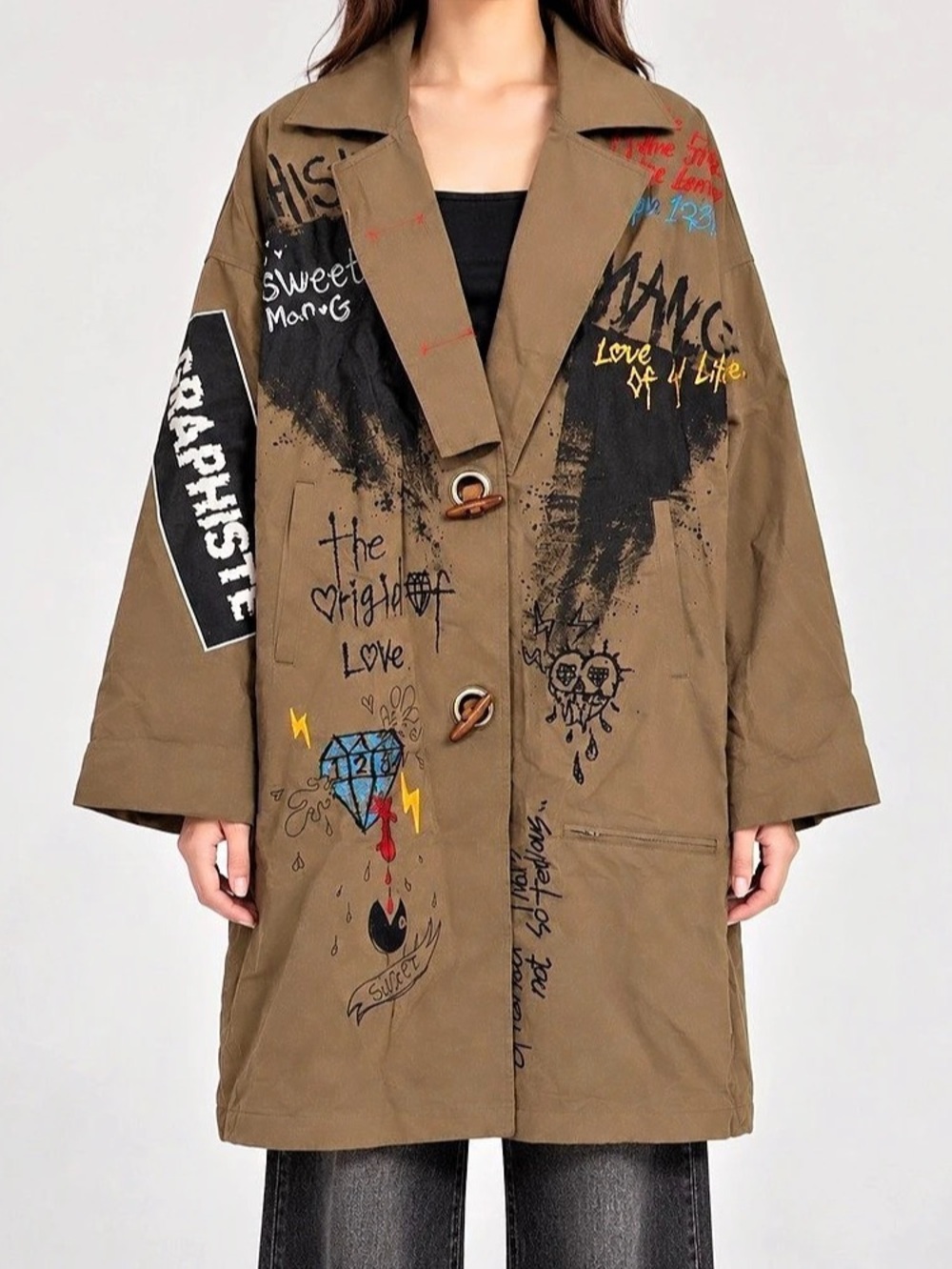 Oversize Tiger Shark Graphic Toggle Trench Coat in Brown & Black Like New